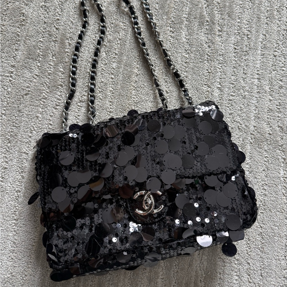 Black Sequin shoulder flap bag  purse NEW